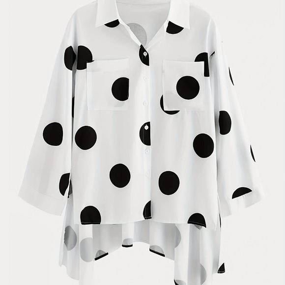 Polka Dot Print Dipped Hem Casual Button Front Long Sleeve Blouse - Picture 4 of 7